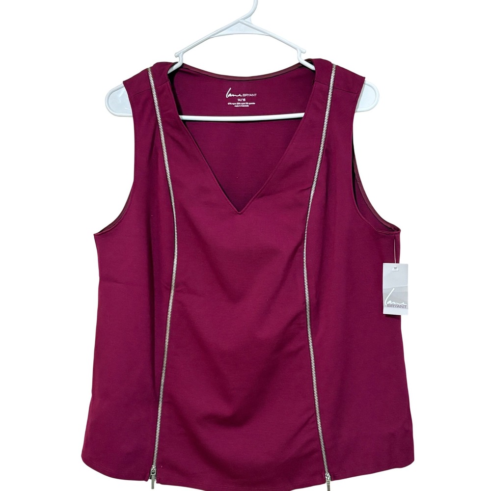 Lane Bryant Womens Berry Wine V-Neck Zipper Accent Sleeveless Blouse 14/16 NWT